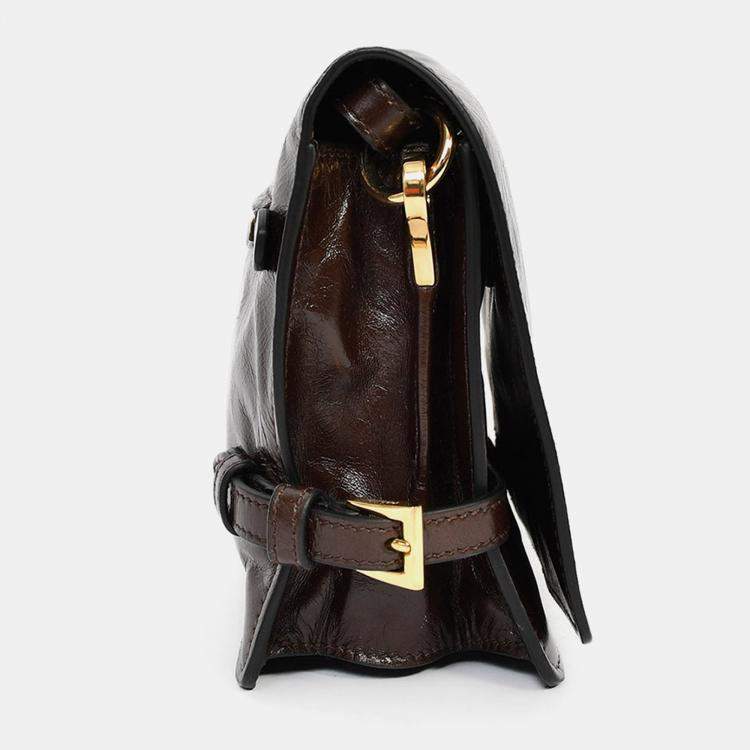 Pre Owned Prada Brown Leather Buckle Detail Shoulder Bag