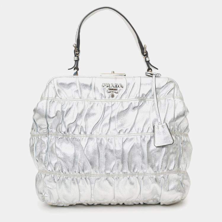 Pre Owned Prada Silver Leather Dressy Gaufre Bag
