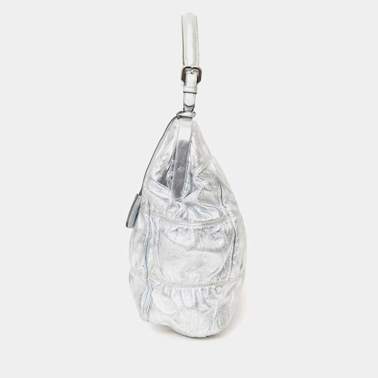 Pre Owned Prada Silver Leather Dressy Gaufre Bag