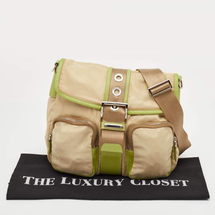 Pre Owned Prada Vintage Tessuto Buckle Beige/Green Nylon and Leather Cargo Shoulder Bag