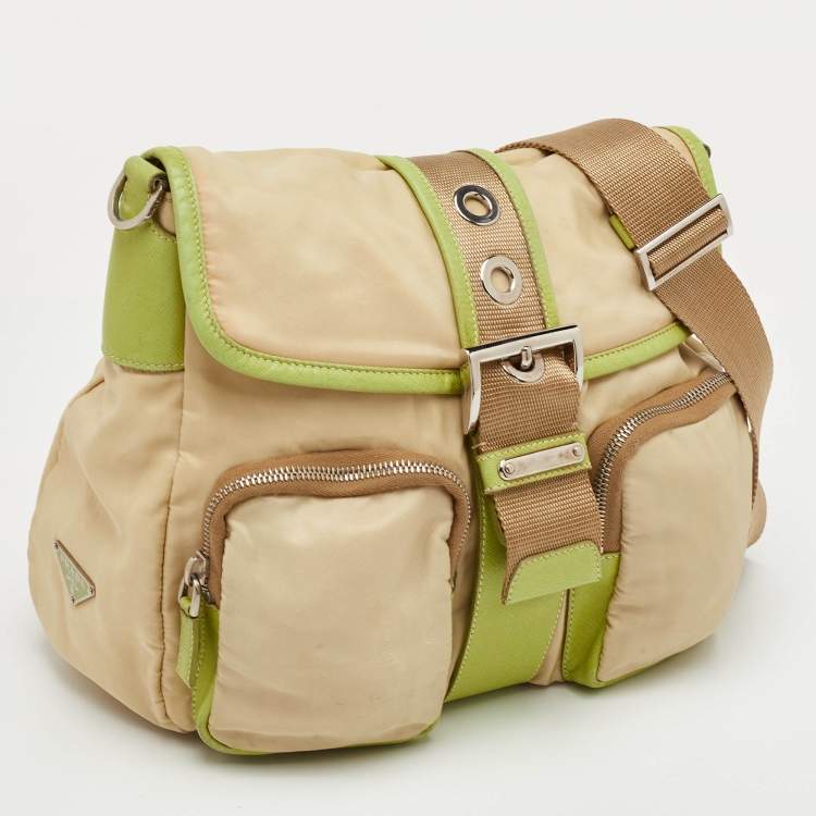 Pre Owned Prada Vintage Tessuto Buckle Beige/Green Nylon and Leather Cargo Shoulder Bag