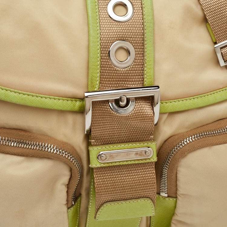 Pre Owned Prada Vintage Tessuto Buckle Beige/Green Nylon and Leather Cargo Shoulder Bag