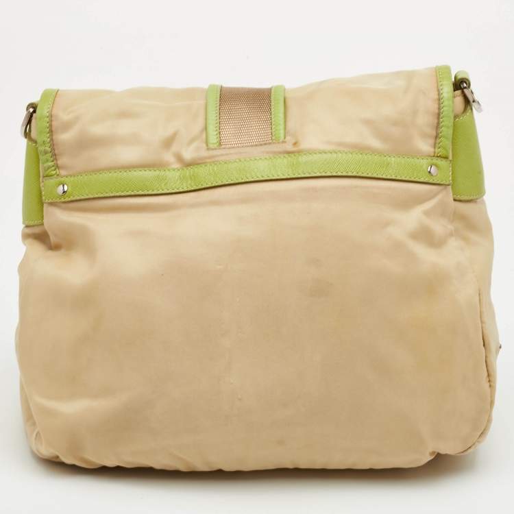 Pre Owned Prada Vintage Tessuto Buckle Beige/Green Nylon and Leather Cargo Shoulder Bag