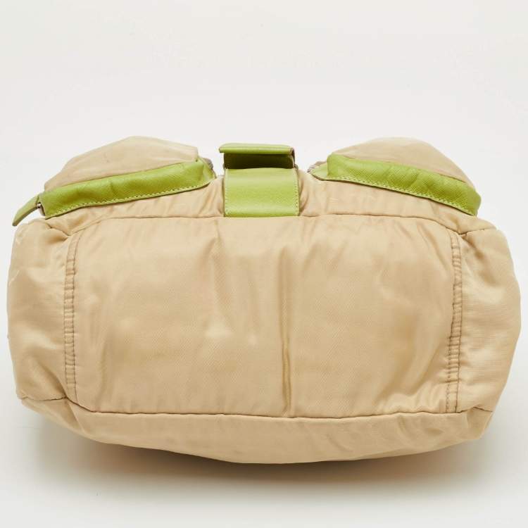 Pre Owned Prada Vintage Tessuto Buckle Beige/Green Nylon and Leather Cargo Shoulder Bag