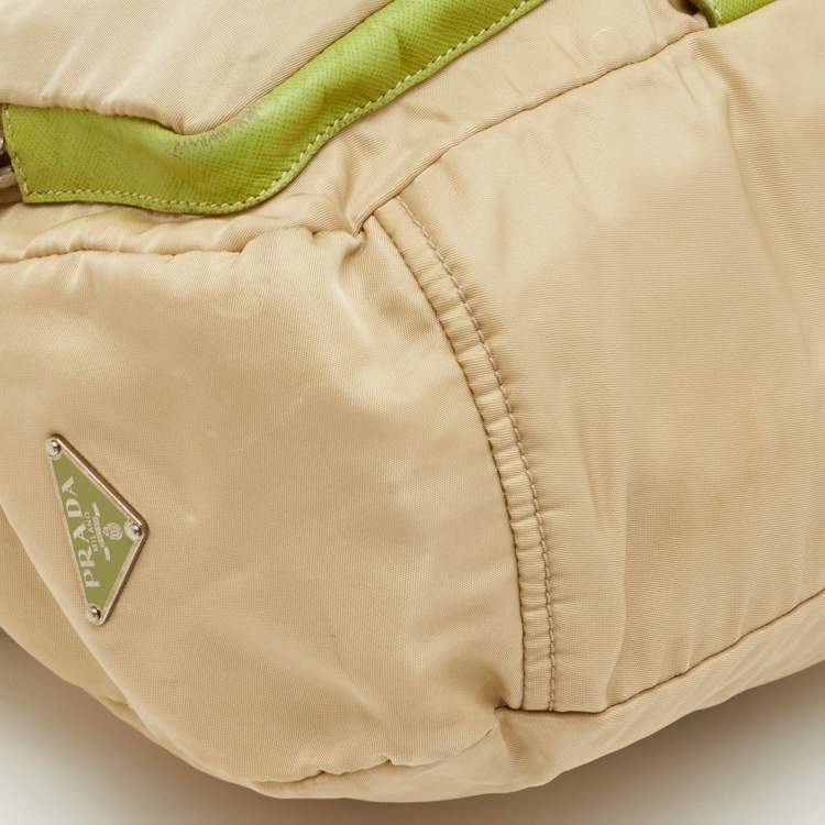 Pre Owned Prada Vintage Tessuto Buckle Beige/Green Nylon and Leather Cargo Shoulder Bag