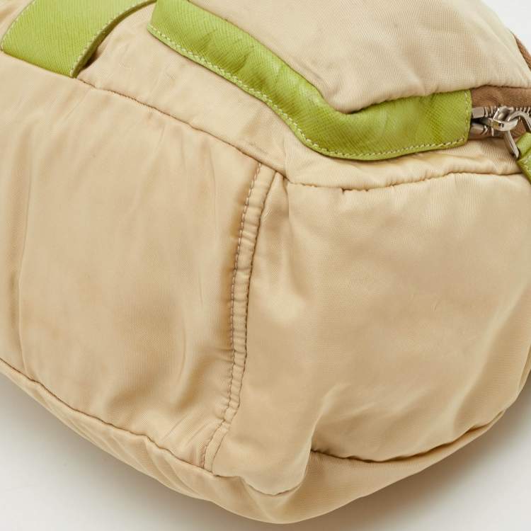 Pre Owned Prada Vintage Tessuto Buckle Beige/Green Nylon and Leather Cargo Shoulder Bag