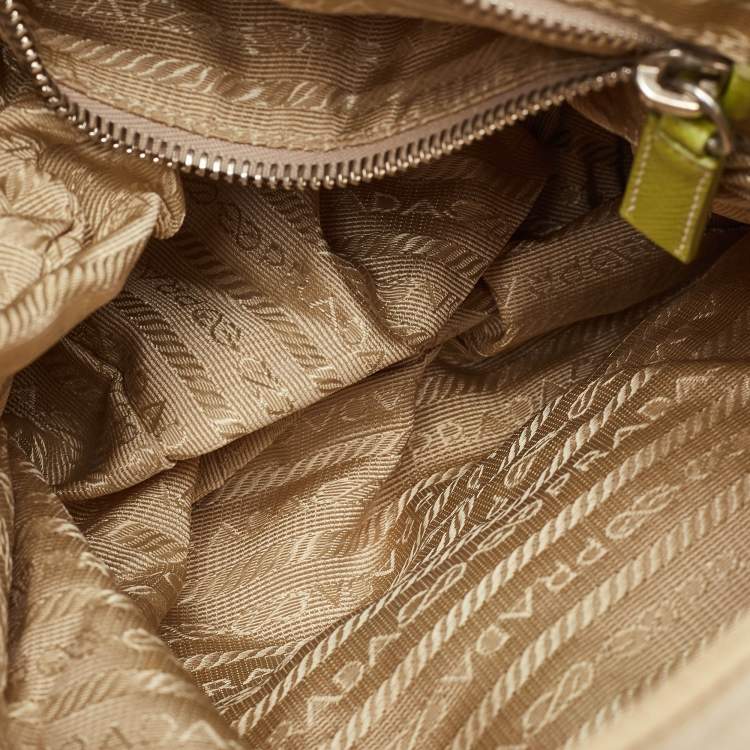 Pre Owned Prada Vintage Tessuto Buckle Beige/Green Nylon and Leather Cargo Shoulder Bag