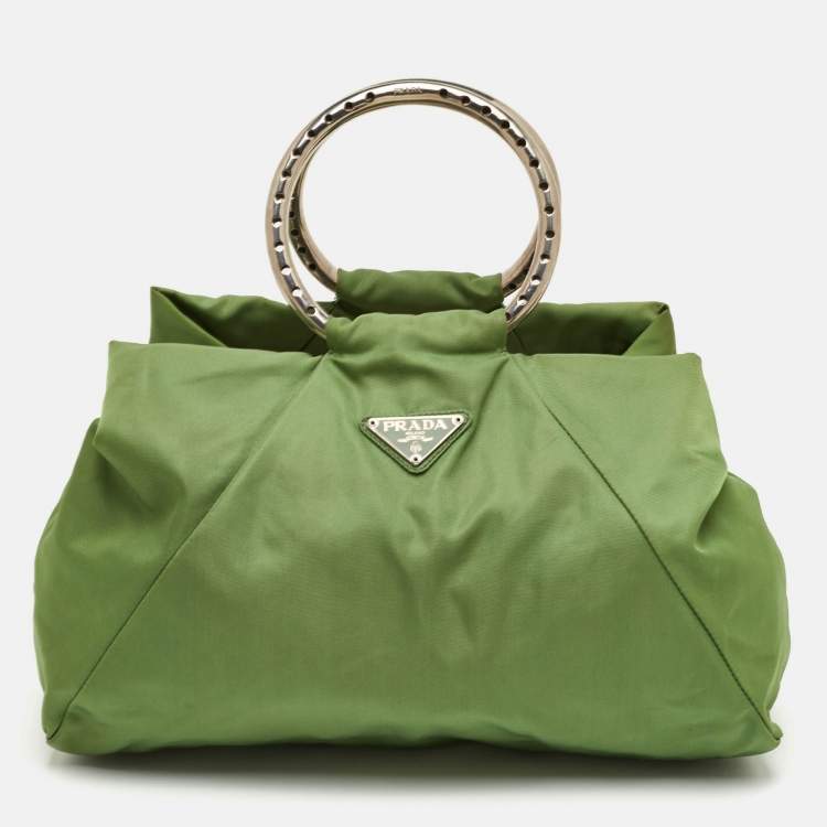 Pre Owned Prada Vintage Tessuto Green Nylon O Ring Metal Handle Tote