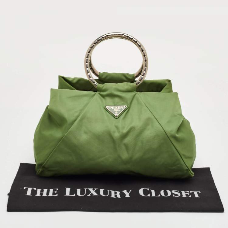 Pre Owned Prada Vintage Tessuto Green Nylon O Ring Metal Handle Tote