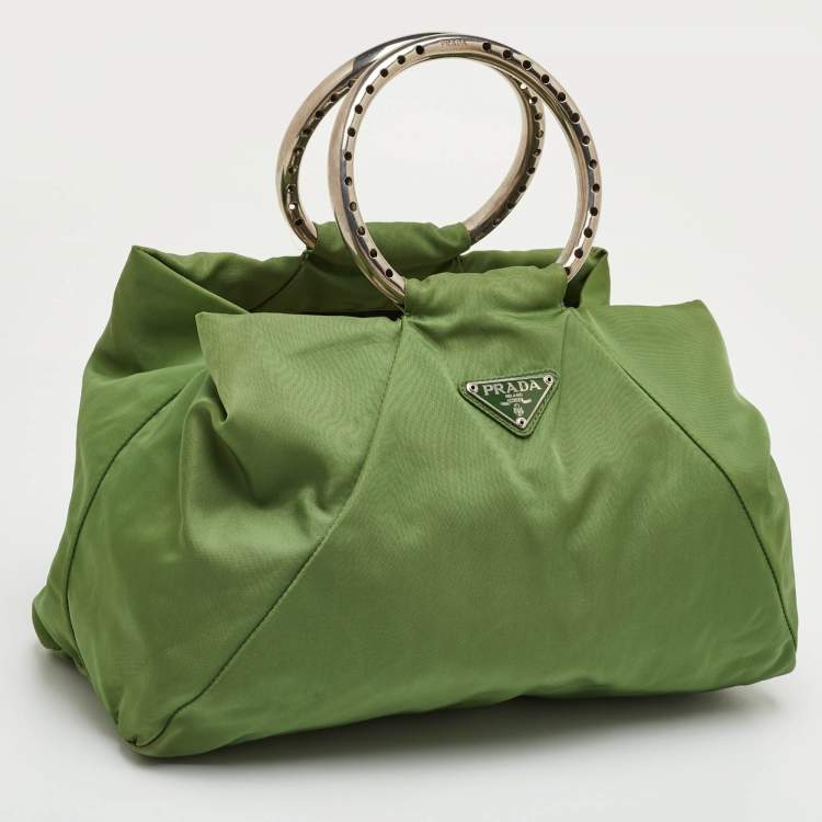 Pre Owned Prada Vintage Tessuto Green Nylon O Ring Metal Handle Tote