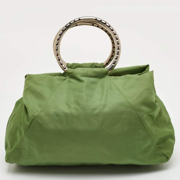 Pre Owned Prada Vintage Tessuto Green Nylon O Ring Metal Handle Tote