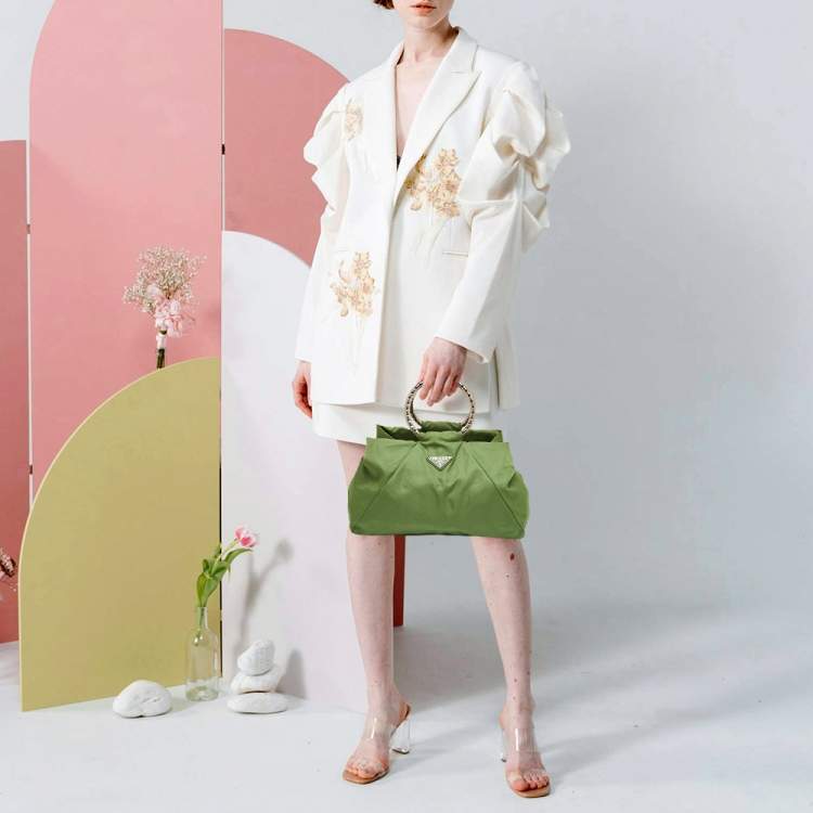 Pre Owned Prada Vintage Tessuto Green Nylon O Ring Metal Handle Tote