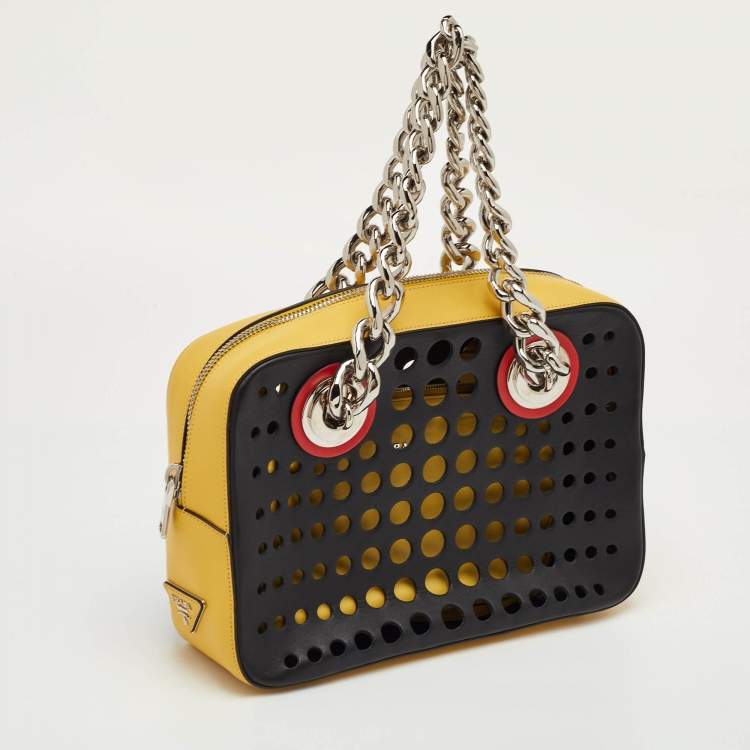 Pre Owned Prada City Fori Multicolor Leather Perforated Chain Shoulder Bag