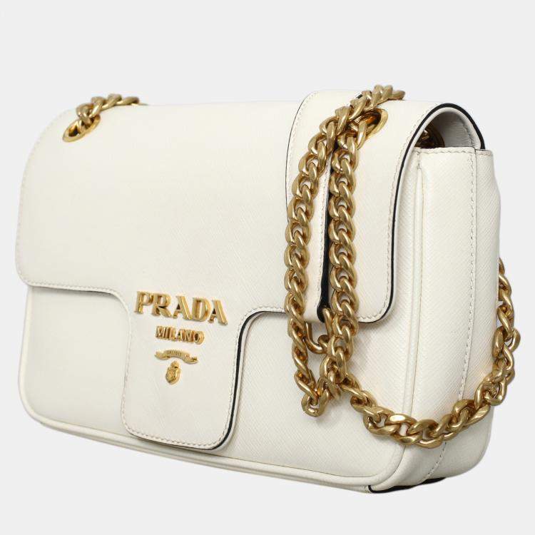 Pre Owned Prada Flap White Saffiano Chain Shoulder Bag