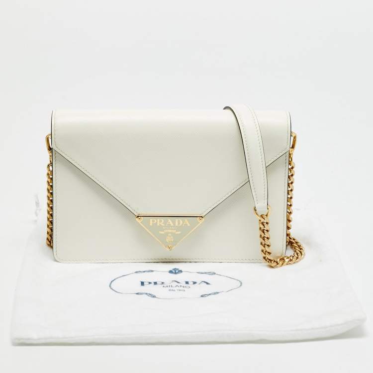 Pre Owned Prada Triangle Logo White Saffiano Leather Shoulder Bag