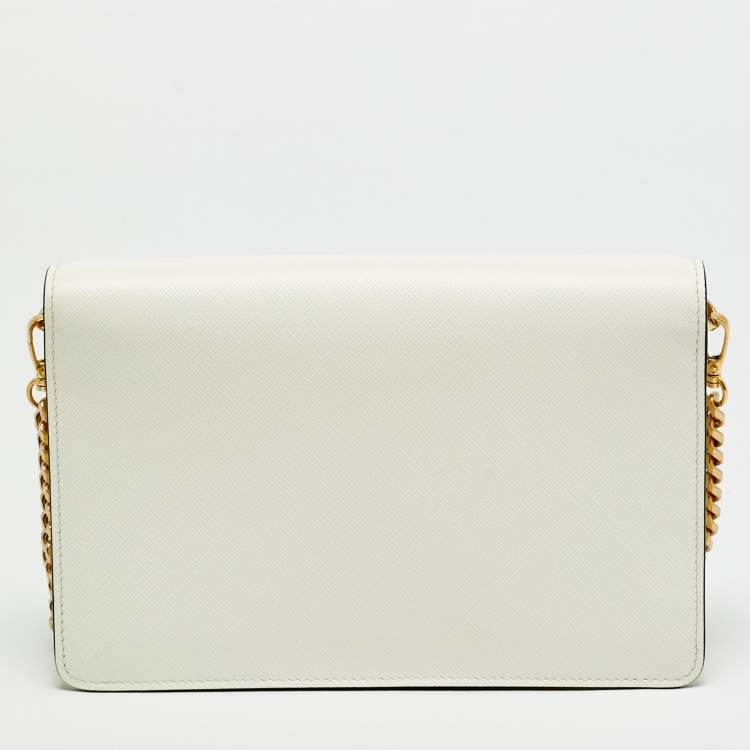 Pre Owned Prada Triangle Logo White Saffiano Leather Shoulder Bag