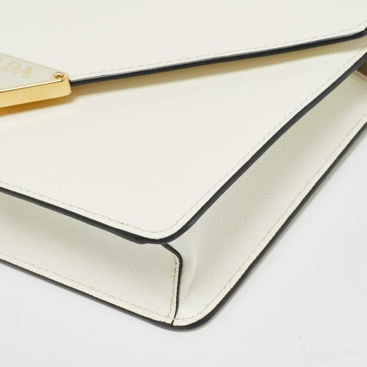 Pre Owned Prada Triangle Logo White Saffiano Leather Shoulder Bag