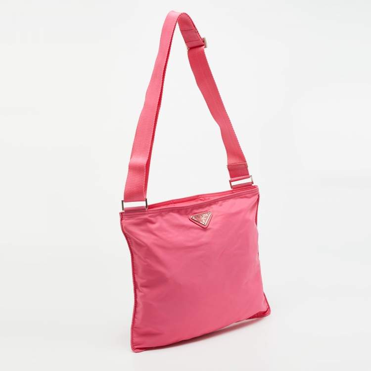 Pre Owned Prada Tessuto Pink Nylon Triangle Logo Top Zip Crossbody Bag