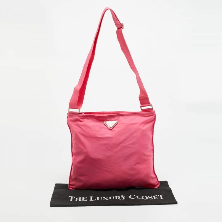 Pre Owned Prada Tessuto Pink Nylon Triangle Logo Top Zip Crossbody Bag