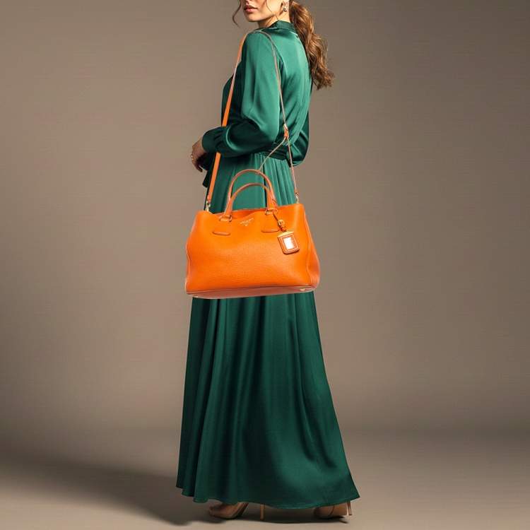 Pre Owned Prada Orange Vitello Daino Leather Open Tote