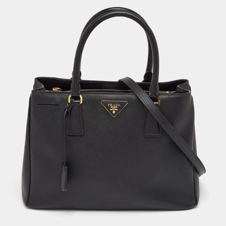 Pre Owned Prada Galleria Medium Black Saffiano Lux Leather Zip Tote