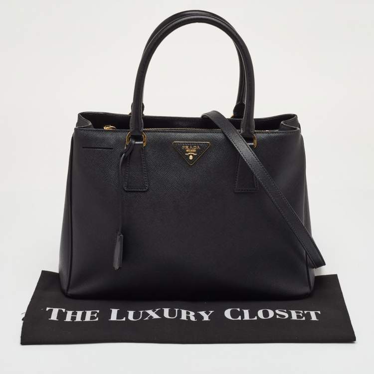 Pre Owned Prada Galleria Medium Black Saffiano Lux Leather Zip Tote