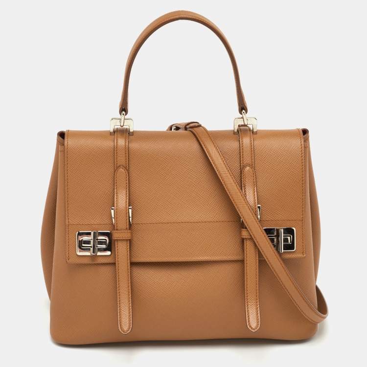 Pre Owned Prada Turn-Lock Beige Leather Flap Top Handle Bag