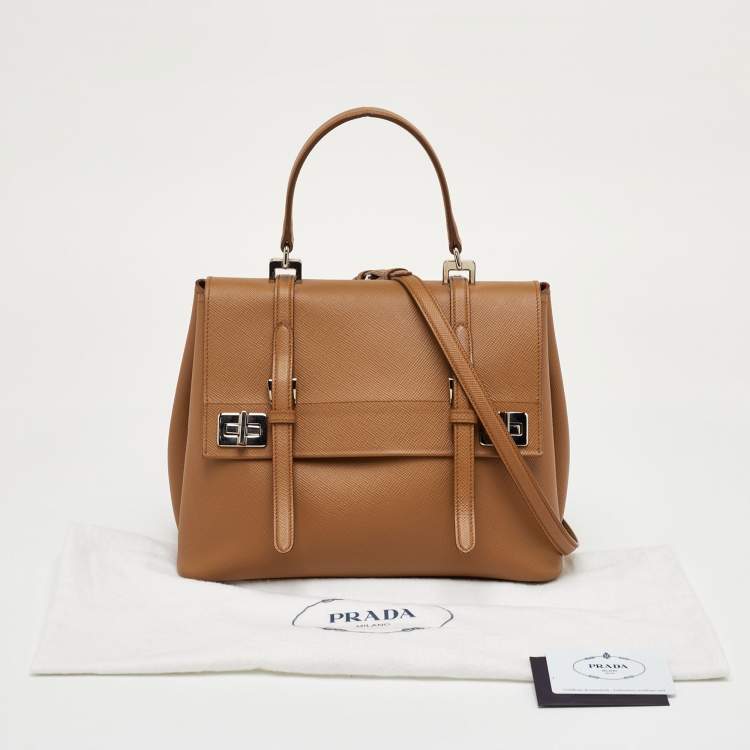 Pre Owned Prada Turn-Lock Beige Leather Flap Top Handle Bag