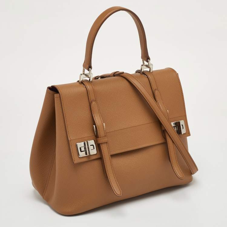 Pre Owned Prada Turn-Lock Beige Leather Flap Top Handle Bag