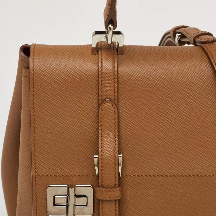 Pre Owned Prada Turn-Lock Beige Leather Flap Top Handle Bag