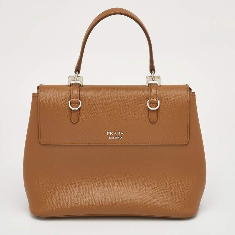 Pre Owned Prada Turn-Lock Beige Leather Flap Top Handle Bag