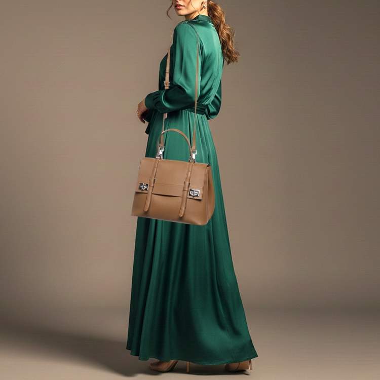 Pre Owned Prada Turn-Lock Beige Leather Flap Top Handle Bag