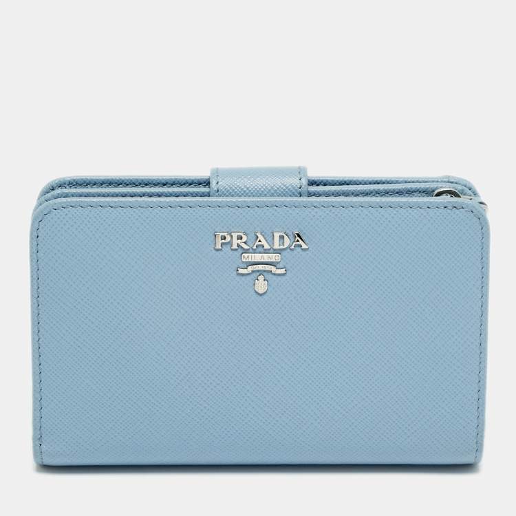 Pre Owned Prada Lampo Light Blue Saffiano Leather Compact Wallet