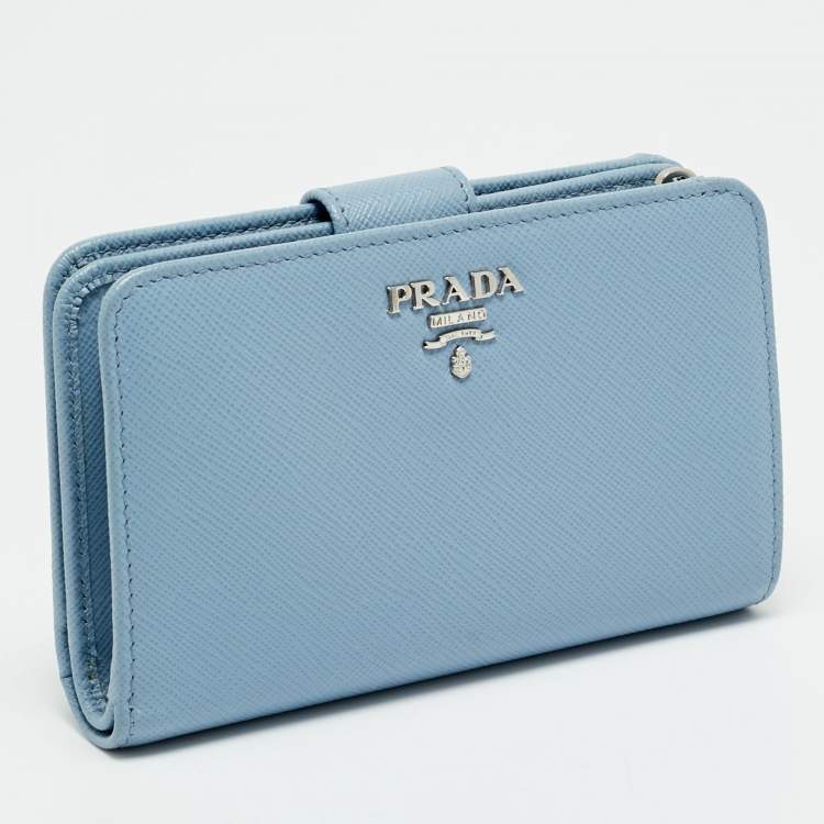 Pre Owned Prada Lampo Light Blue Saffiano Leather Compact Wallet