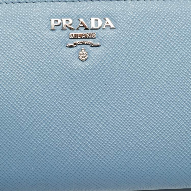 Pre Owned Prada Lampo Light Blue Saffiano Leather Compact Wallet