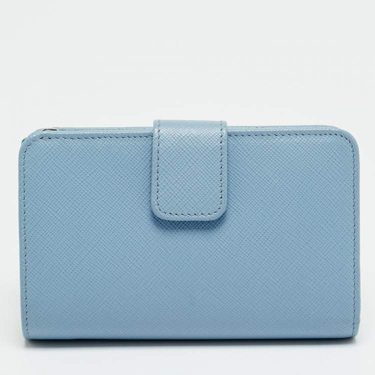 Pre Owned Prada Lampo Light Blue Saffiano Leather Compact Wallet