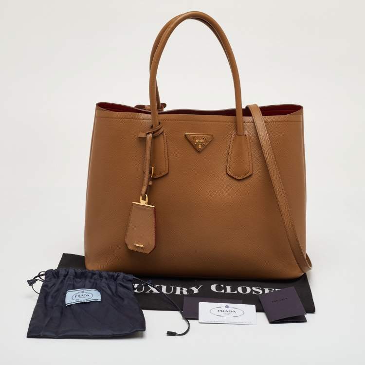 Pre Owned Prada Double Medium Beige Saffiano Cuir Leather Tote