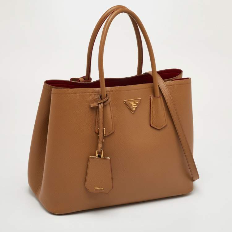 Pre Owned Prada Double Medium Beige Saffiano Cuir Leather Tote