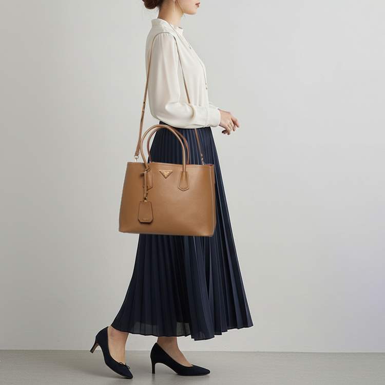 Pre Owned Prada Double Medium Beige Saffiano Cuir Leather Tote