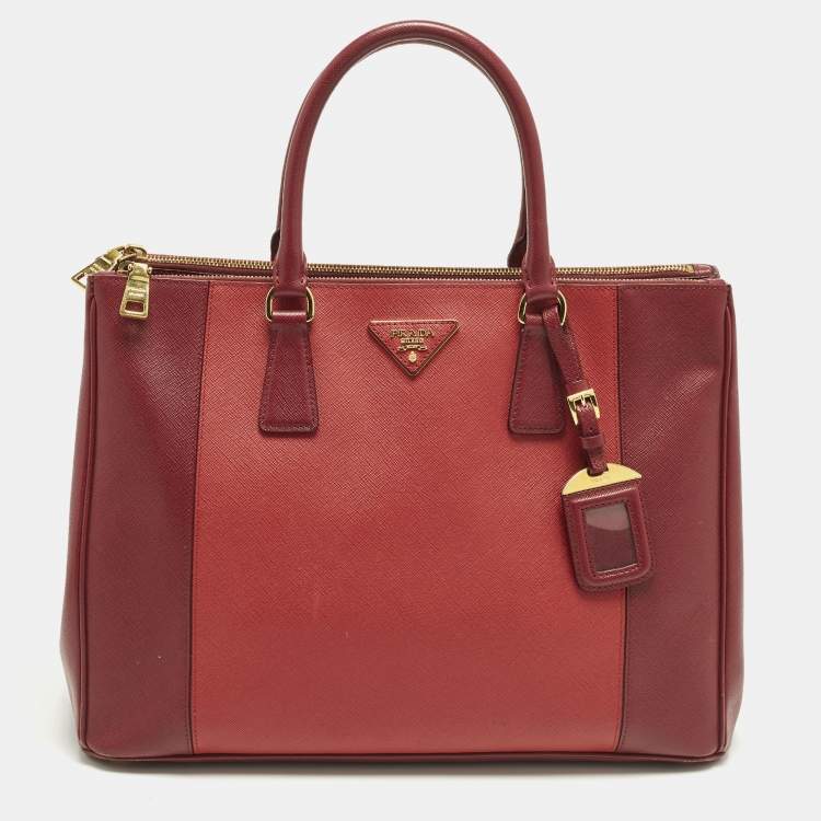 Pre Owned Prada Double Zip Large Two Tone Red Saffiano Leather Tote