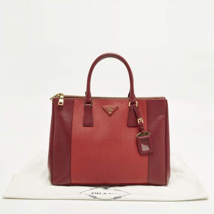 Pre Owned Prada Double Zip Large Two Tone Red Saffiano Leather Tote
