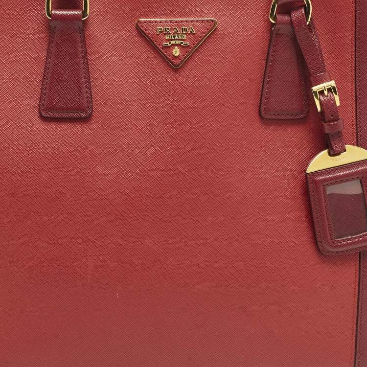 Pre Owned Prada Double Zip Large Two Tone Red Saffiano Leather Tote