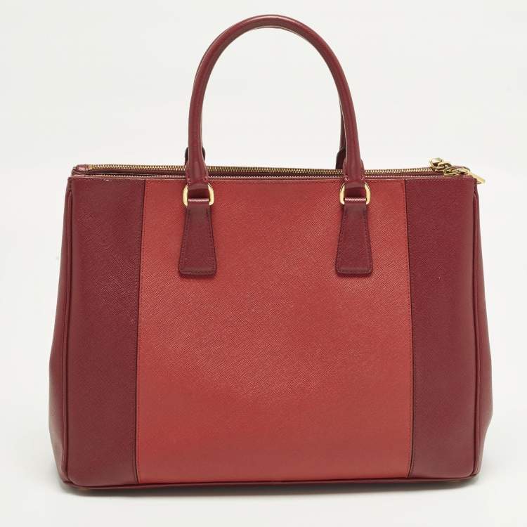 Pre Owned Prada Double Zip Large Two Tone Red Saffiano Leather Tote