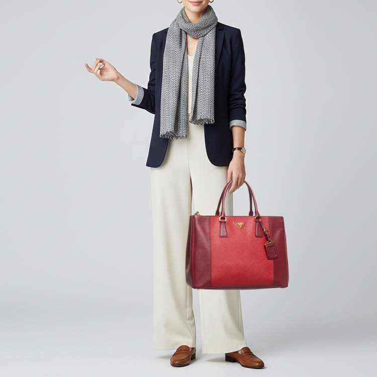 Pre Owned Prada Double Zip Large Two Tone Red Saffiano Leather Tote