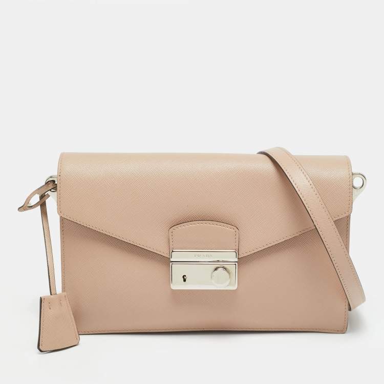 Pre Owned Prada Sound Flap Old Rose Saffiano Lux Leather Shoulder Bag