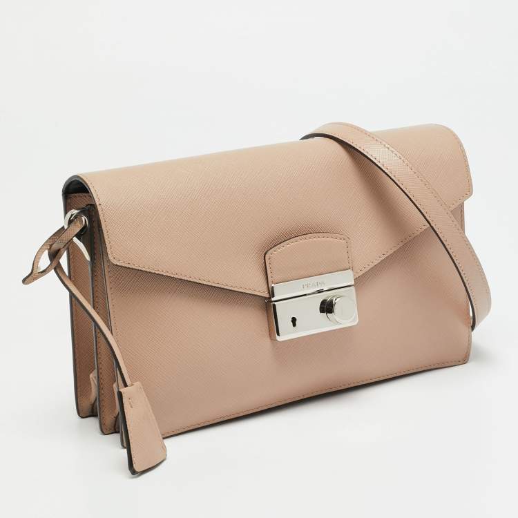 Pre Owned Prada Sound Flap Old Rose Saffiano Lux Leather Shoulder Bag