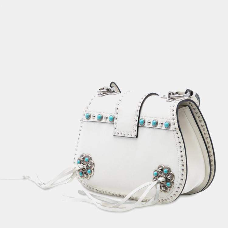 Pre Owned Prada White City Calf Studded Folk Corsiere Satchel