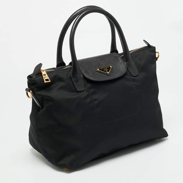 Pre Owned Prada Black Nylon and Saffiano Leather Zip Satchel