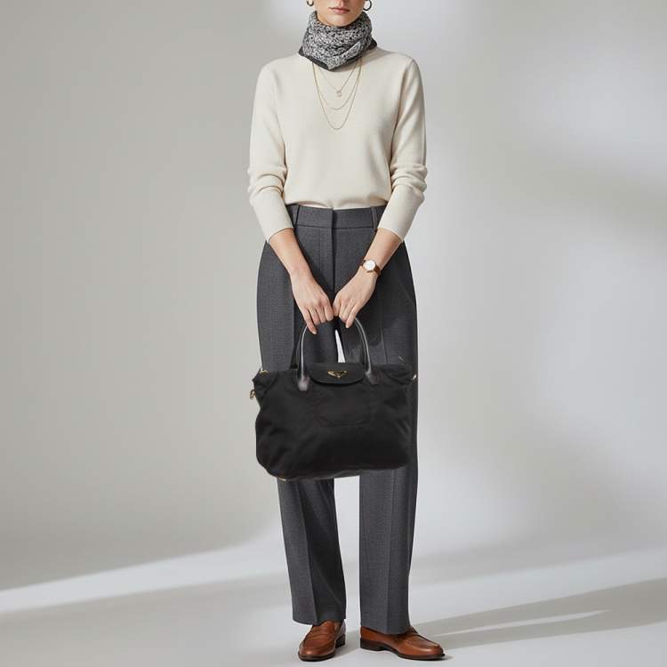 Pre Owned Prada Black Nylon and Saffiano Leather Zip Satchel