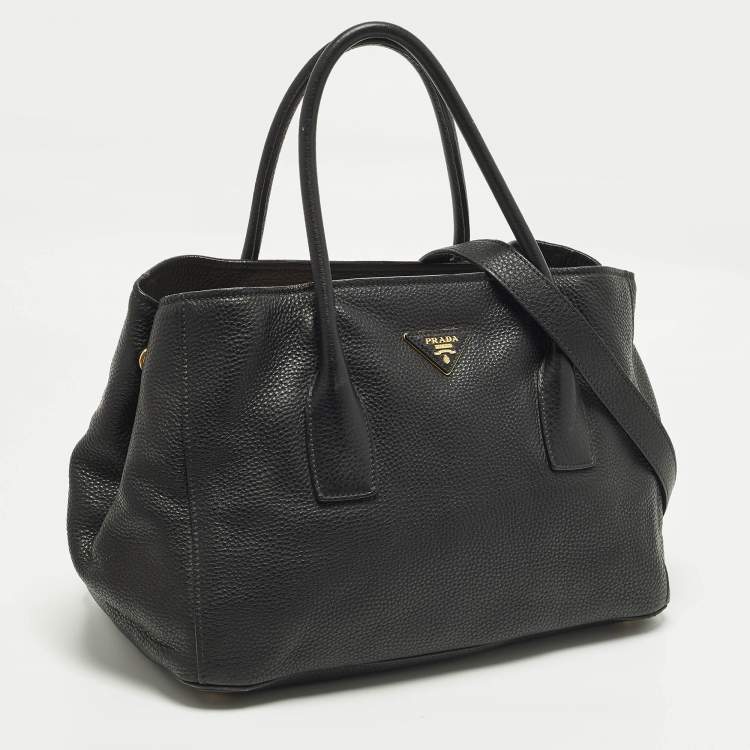 Pre Owned Prada Black Vitello Daino Leather Open Shopper Tote